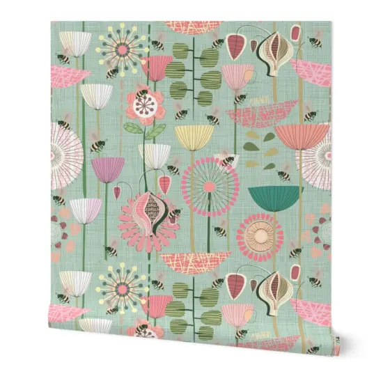 Peel & Stick Wallpaper 2FT Wide Bees Fly Pastel White Green Flowers Pink Large Atomic Style Mint Modern Custom Removable Wallpaper by Spoonflower {7}