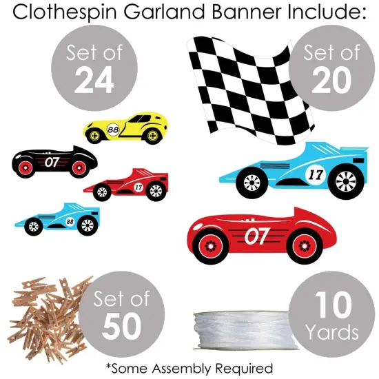 Big Dot of Happiness Let's Go Racing - Racecar - Race Car Birthday Party or Baby Shower DIY Decorations - Clothespin Garland Banner - 44 Pieces {6}