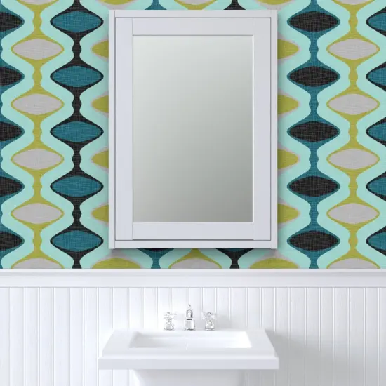 Pre-Pasted Wallpaper 2FT Wide Mid Century Ogee Modern Teal Blue Lime Gray Grey Black Olive Geometric Custom Pre-pasted Wallpaper by Spoonflower {6}