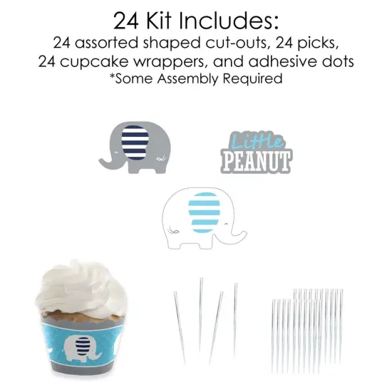 Big Dot of Happiness Blue Elephant - Cupcake Decoration - Boy Baby Shower or Birthday Party Cupcake Wrappers and Treat Picks Kit - Set of 24 {6}
