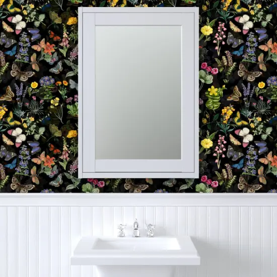 Pre-Pasted Wallpaper 2FT Wide Butterfly House Moody Floral Moths On Black Spring Flower English Cottage Shabby Chic Flowers Core Custom Pre-pasted Wallpaper by Spoonflower {6}