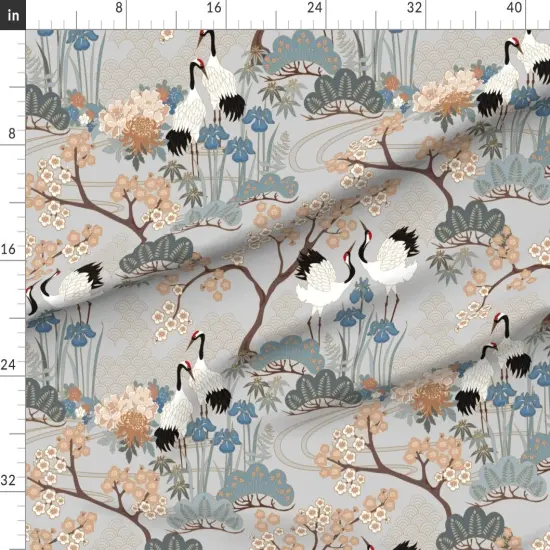 Various Fabrics by the Yard or Fat Quarter Large Scale Japanese Garden Grey Asian Floral Birds Animals Custom Printed Fabric by Spoonflower {1}