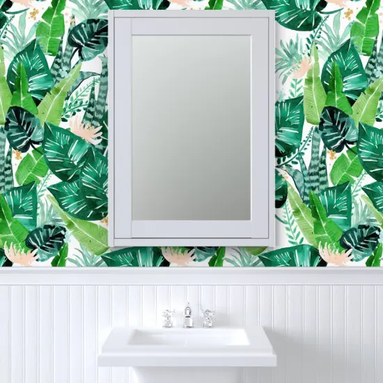 Peel & Stick Wallpaper 2FT Wide Jungle Tropical White Leaves Banana Leaf Hawaii Plant Custom Removable Wallpaper by Spoonflower {6}