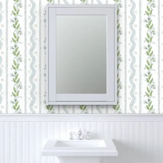 Pre-Pasted Wallpaper 2FT Wide Regency Floral Folk Art Light Blue Leaves Flower Vine Traditional Watercolor Custom Pre-pasted Wallpaper by Spoonflower {6}