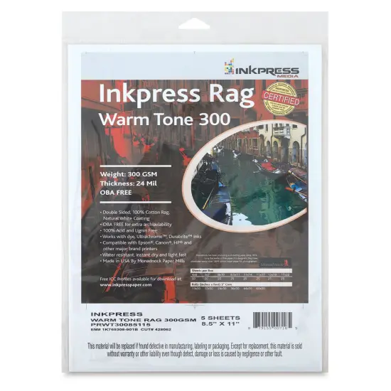 Inkpress Rag Digital Paper - Warm Tone, 300 gsm, 8-1/2" x 11", 25 Sheets {1}