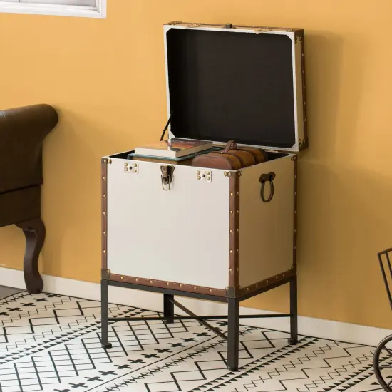 Faux Leather Trimmed Lockable Square Lined Storage Trunk, End Table on Metal Stand Silver {6}