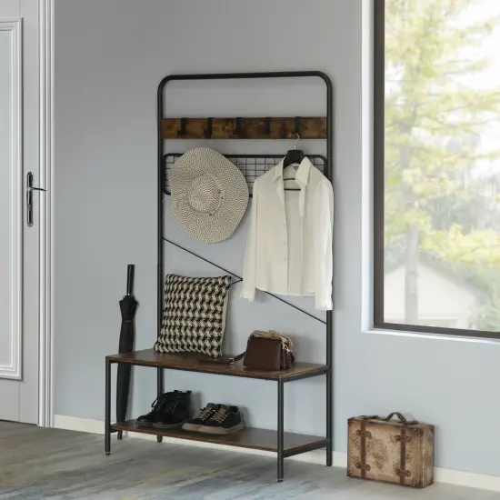 Vintage Brown Coat Rack Hall Tree with Storage for Entryway With 10 Hooks and Storage {2}
