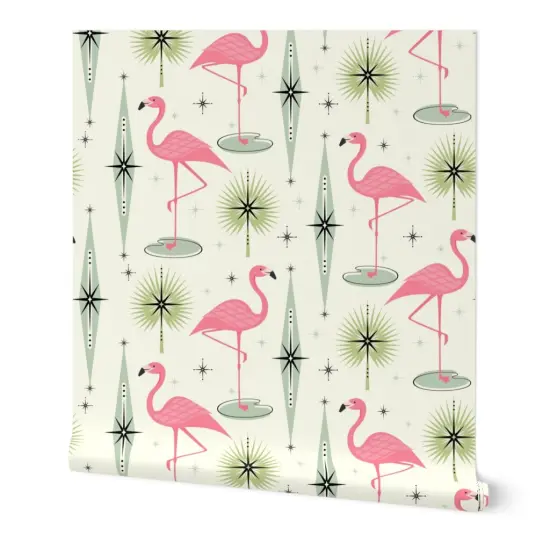 Peel & Stick Wallpaper 2FT Wide Atomic Flamingo Vertical Pink Flamingos Palm Leaves Diamonds Mid Century Retro Fifties 1950S Birds Exotic Custom Removable Wallpaper by Spoonflower {7}