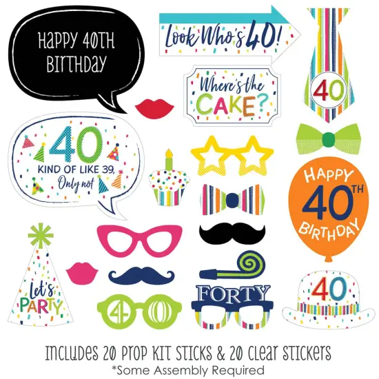 Big Dot of Happiness 40th Birthday - Cheerful Happy Birthday - Colorful Fortieth Birthday Party Photo Booth Props Kit - 20 Count {3}