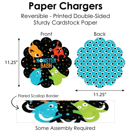 Big Dot of Happiness Monster Bash - Birthday Party or Baby Shower Paper Charger and Table Decorations - Chargerific Kit - Place Setting for 8 {6}
