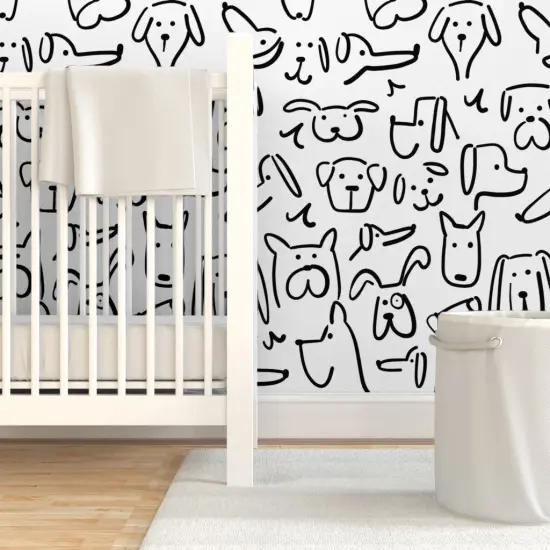 Pre-Pasted Wallpaper 2FT Wide Doodle Dogs Black And White Cute Modern Whimsical Dog Custom Pre-pasted Wallpaper by Spoonflower {7}