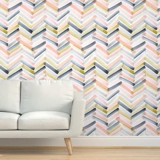 Pre-Pasted Wallpaper 2FT Wide Chevron Blush Navy Pink Stripe Gray Mustard Modern Watercolor Herringbone Geometric Custom Pre-pasted Wallpaper by Spoonflower {5}