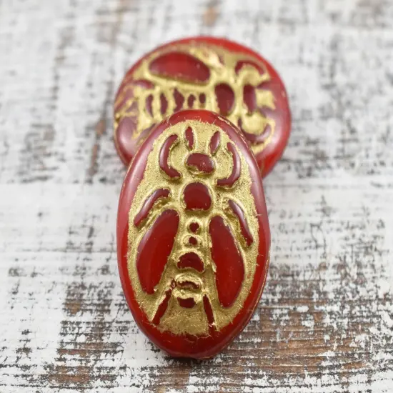 *4* 22x18mm Gold Washed Red Opal Silk Bumblebee Oval Beads {2}