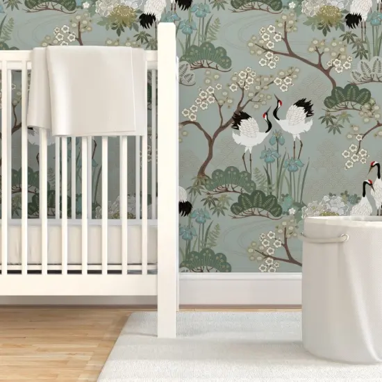 Pre-Pasted Wallpaper 2FT Wide Crane Chinoiserie Sakura Cherry Blossom Floral Birds And Flowers Gardens Custom Pre-pasted Wallpaper by Spoonflower {7}