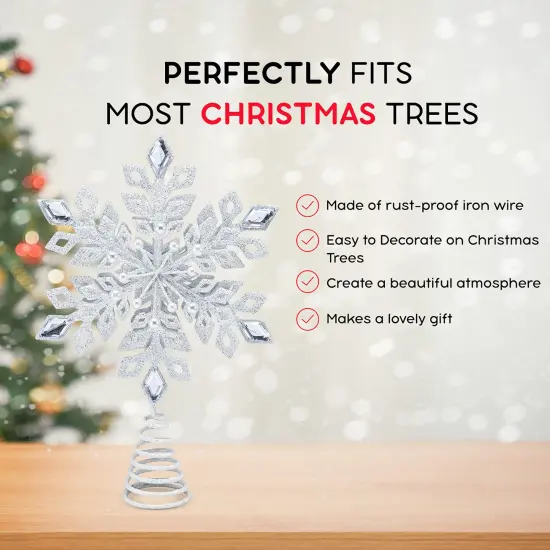 Ornativity Glitter Snowflake Tree Topper - White Sparkling Christmas Tree Decoration with Gem Design {5}