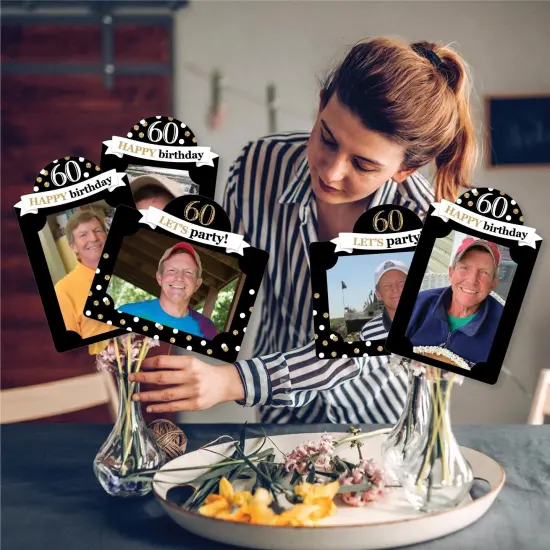 Big Dot of Happiness Adult 60th Birthday - Gold - Birthday Party Picture Centerpiece Sticks - Photo Table Toppers - 15 Pieces {3}