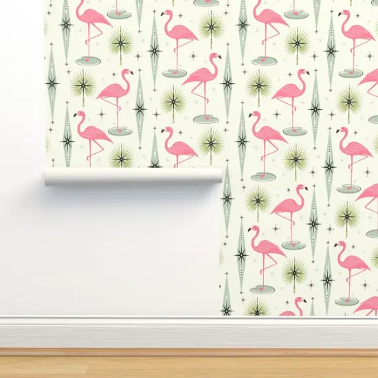 Peel & Stick Wallpaper 2FT Wide Atomic Flamingo Vertical Pink Flamingos Palm Leaves Diamonds Mid Century Retro Fifties 1950S Birds Exotic Custom Removable Wallpaper by Spoonflower {2}