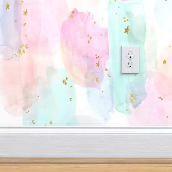 Peel & Stick Wallpaper 2FT Wide Rainbow Stars Watercolor Abstract Gold Pastel Girl Hippie Custom Removable Wallpaper by Spoonflower {4}