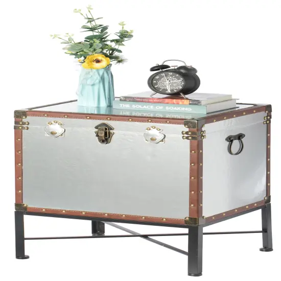 Faux Leather Trimmed Lockable Square Lined Storage Trunk, End Table on Metal Stand Silver {1}