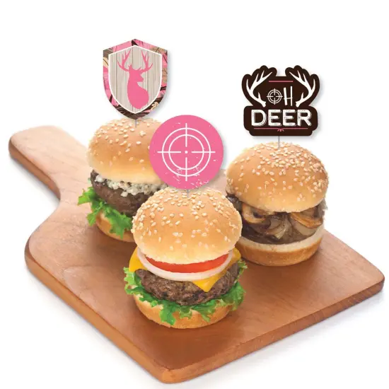 Big Dot of Happiness Pink Gone Hunting - Dessert Cupcake Toppers - Deer Hunting Girl Camo Baby Shower or Birthday Party Clear Treat Picks - Set of 24 {4}