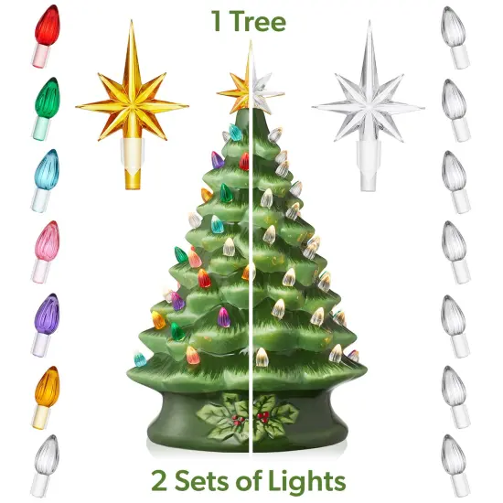 Casafield Hand Painted Ceramic Christmas Tree, Green 15-Inch Pre-Lit Tree with 128 Multi Color Lights and 2 Star Toppers {2}
