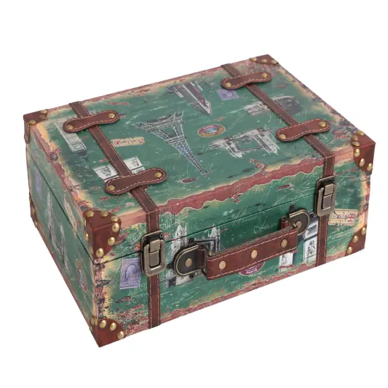 Set of 2 European Landmarks Vintage Wooden Luggage with Leather Straps and Handle {5}