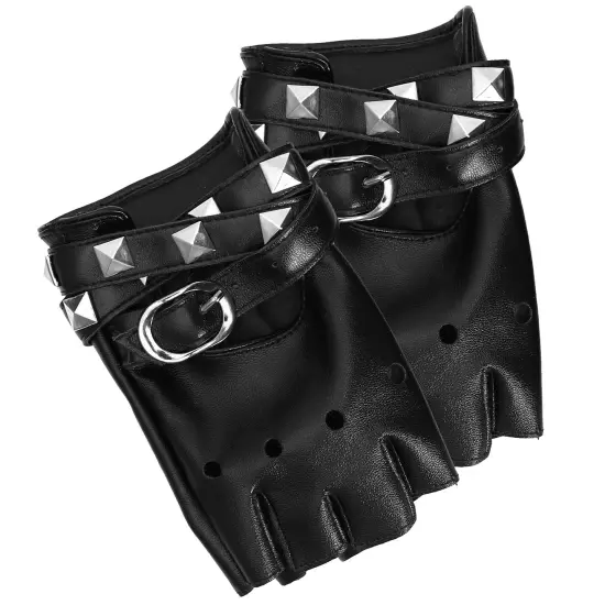 Fingerless Faux Leather Gloves - Black Biker Punk Gloves with Belt Up Closure and Rivet Design for Women and Kids {4}