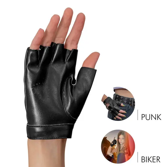 Fingerless Biker Jazz Gloves - 80s Style Gothic Black Faux Leather Punk Biker Gloves with Heart Cutout for Women and Kids {3}