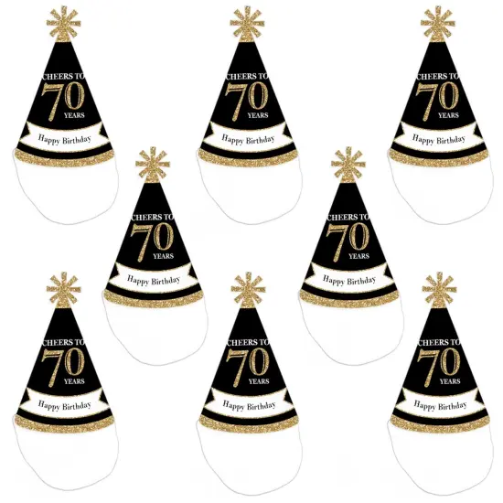 Big Dot of Happiness Adult 70th Birthday - Gold - Cone Birthday Party Hats for Adults - Set of 8 (Standard Size) {7}