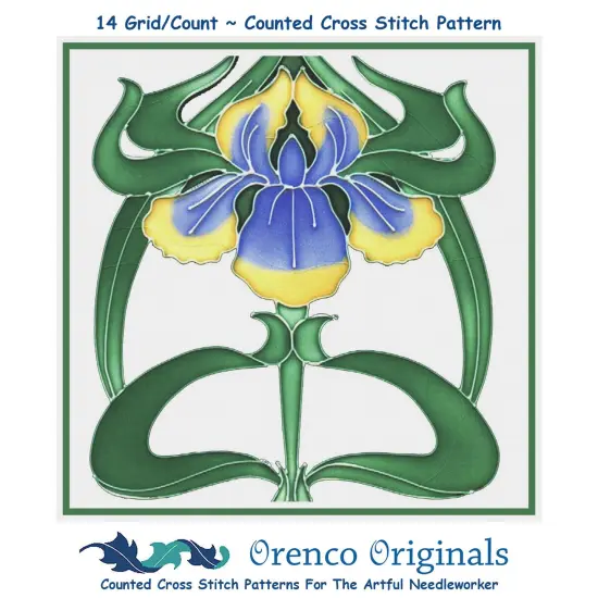 Art Nouveau Blue and Iris Flower Counted Cross Stitch Pattern {1}