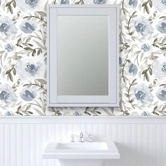 Peel & Stick Wallpaper 2FT Wide Blue Leaves Wild Flowers Watercolor Botanical Florals Wildflowers Floral Custom Removable Wallpaper by Spoonflower {6}