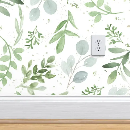Pre-Pasted Wallpaper 2FT Wide Leaves Watercolor Botanical Greenery Soft Eucalyptus Larger Repeat Custom Pre-pasted Wallpaper by Spoonflower {4}