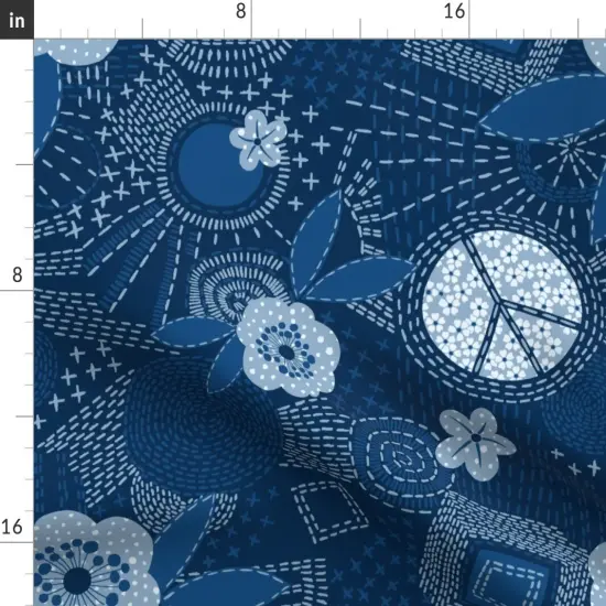 Various Fabrics by the Yard or Fat Quarter Blue Sashiko Hippie Bohemian Denim Peace Sign Japanese Inspired Custom Printed Fabric by Spoonflower {2}