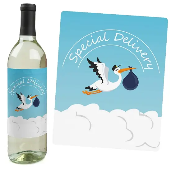 Big Dot of Happiness Boy Special Delivery - Blue It's A Boy Stork Baby Shower Decorations for Women and Men - Wine Bottle Label Stickers - Set of 4 {4}