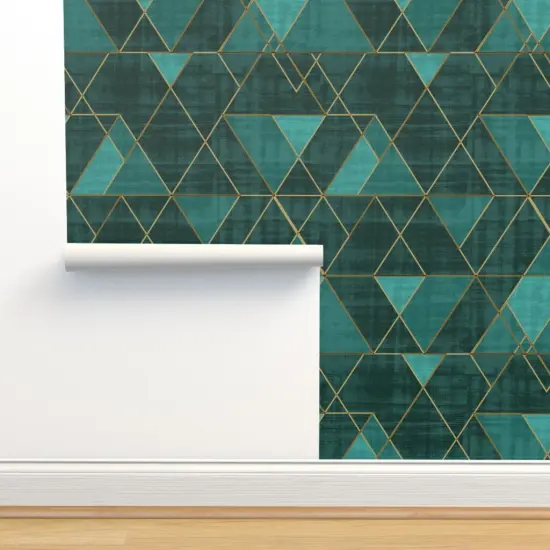 Peel & Stick Wallpaper 2FT Wide Geometric Modern Triangles Abstract Blue Green Gold Boho Glam Custom Removable Wallpaper by Spoonflower {2}
