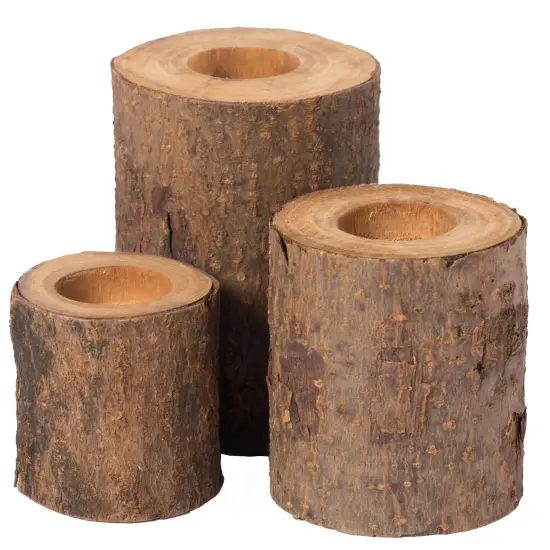 Bark Wooden Pillar Tree Stump Tea Light Rustic Candle Holder - Set of 3 {6}
