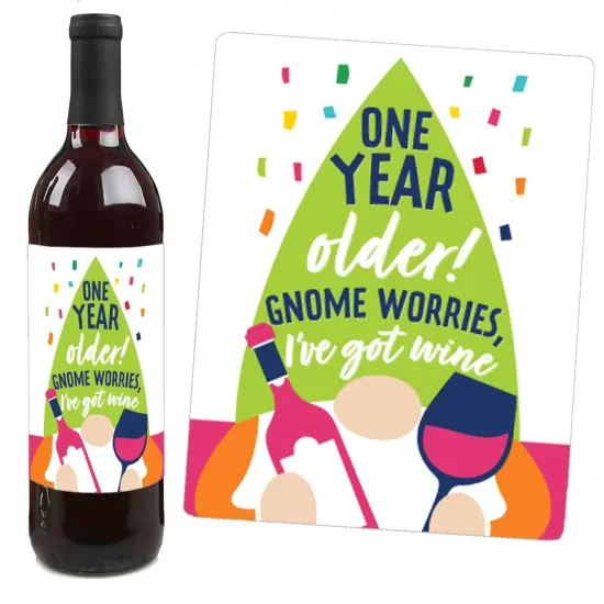 Big Dot of Happiness Gnome Birthday - Happy Birthday Party Decorations for Women and Men - Wine Bottle Label Stickers - Set of 4 {7}