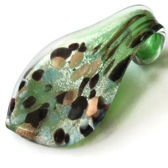 64mm Green with Gold and Brown Spots Foil Glass Pendant Lampwork Glass Spoon Pendant {1}