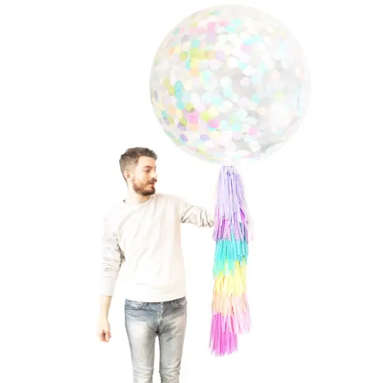 Jumbo Confetti Balloon & Tassel Tail - Pastel Rainbow {2}