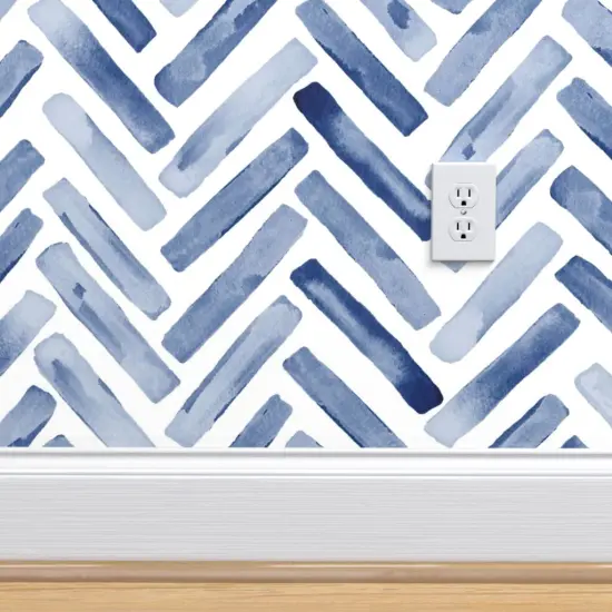 Pre-Pasted Wallpaper 2FT Wide Watercolor Chevron Herringbone Modern Boy Nursery Blue And White Custom Pre-pasted Wallpaper by Spoonflower {4}