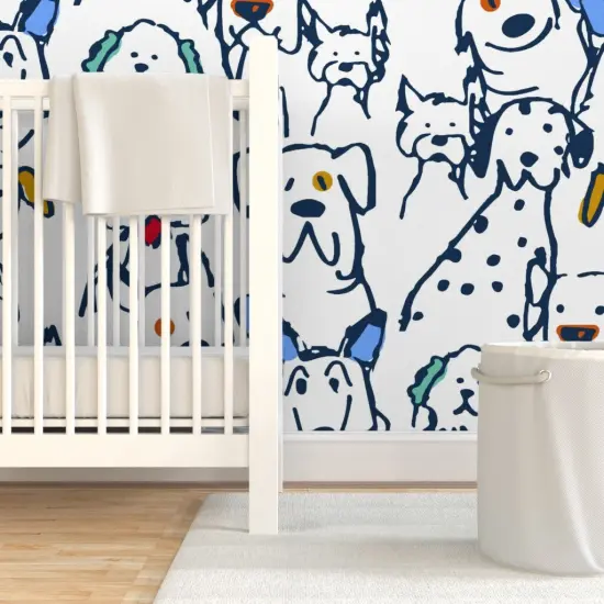 Pre-Pasted Wallpaper 2FT Wide Whimsical Dog Doodle Large Scale Pets Veterinarian Rescue Lover Hand Drawn Quirky Animals Blue Cute Custom Pre-pasted Wallpaper by Spoonflower {7}