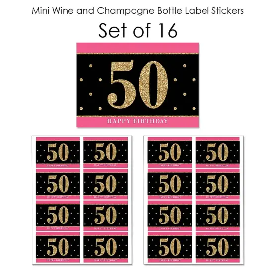 Big Dot of Happiness Chic 50th Birthday - Pink, Black and Gold - Mini Wine and Champagne Bottle Label Stickers - Birthday Party Favor Gift - Set of 16 {7}