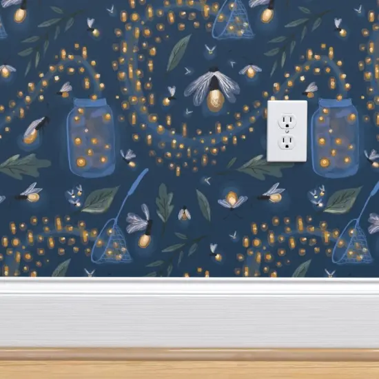Pre-Pasted Wallpaper 2FT Wide Fireflies Picnic Boys Room Jar Whimsical Watercolor Insects Custom Pre-pasted Wallpaper by Spoonflower {4}
