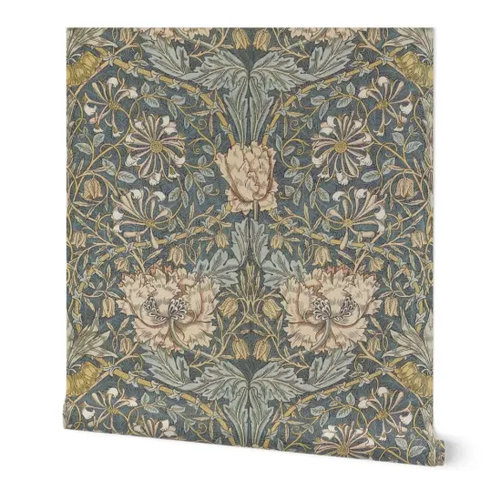 Peel & Stick Wallpaper 2FT Wide Floral Damask Victorian Vintage Style Edwardian Arts And Crafts Gray Blue Tan Custom Removable Wallpaper by Spoonflower {4}