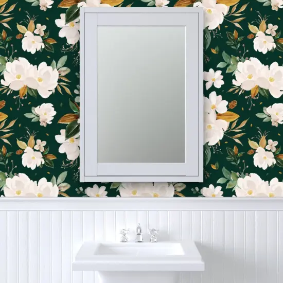 Peel & Stick Wallpaper 2FT Wide Gold Floral Monstera Green Background Flower White Custom Removable Wallpaper by Spoonflower {6}