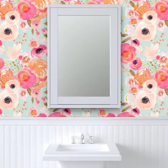 Peel & Stick Wallpaper 2FT Wide Bloom Blush Florals Blue Flower Floral Spring Nursery Easter Summer Shabby Chic Decor Custom Removable Wallpaper by Spoonflower {6}