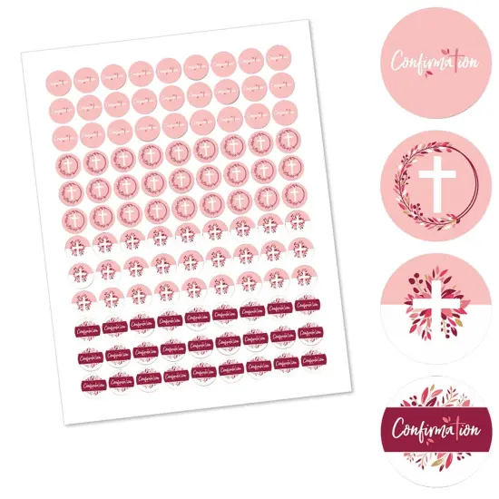Big Dot of Happiness Confirmation Pink Elegant Cross - Girl Religious Party Round Candy Sticker Favors - Labels Fits Chocolate Candy (1 sheet of 108) {3}