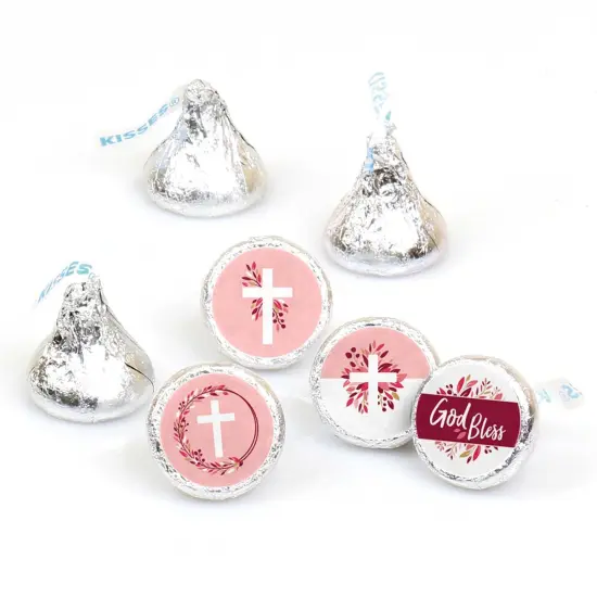 Big Dot of Happiness Pink Elegant Cross - Girl Religious Party Round Candy Sticker Favors - Labels Fits Chocolate Candy (1 sheet of 108) {1}