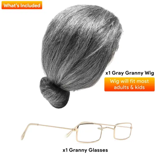 Old Lady Costume Set - Grey Granny Wig and Fake Gold Rectangle Eyeglasses Grandma Set for Women and Girls {2}