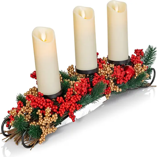 Ornativity Christmas Décor Candle Holder – Xmas Themed Candle Holder Centerpiece Decorations with Red and Gold Berries and Evergreens {1}